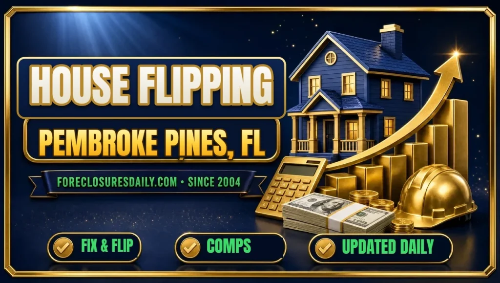House flipping Pembroke Pines, FL 3D hero: house on rising gold bar chart with calculator, hard hat and cash with fix and flip, comps and updated daily checks