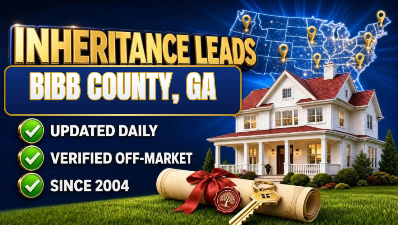 Inheritance and probate leads Bibb County, GA 3D hero: house with sealed inheritance scroll and keys with updated daily, verified off-market and since 2004 checks