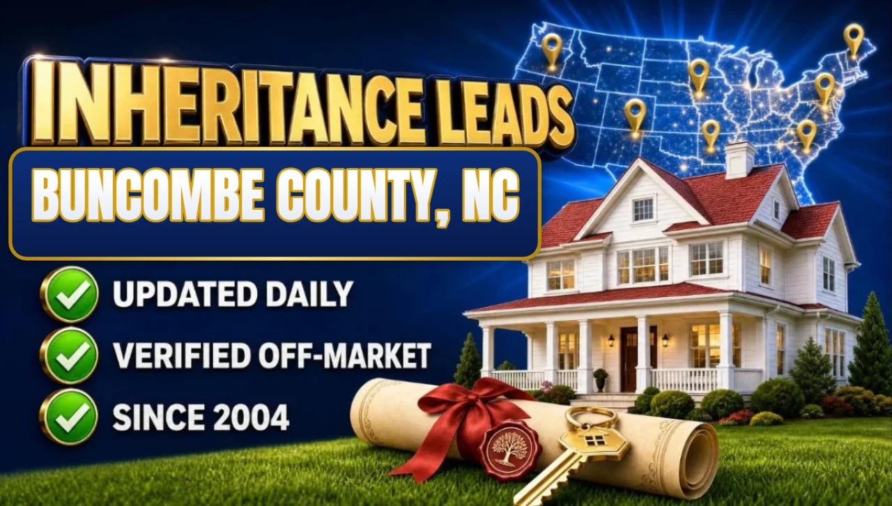 Inheritance and probate leads Buncombe County, NC 3D hero: house with sealed inheritance scroll and keys with updated daily, verified off-market and since 2004 checks