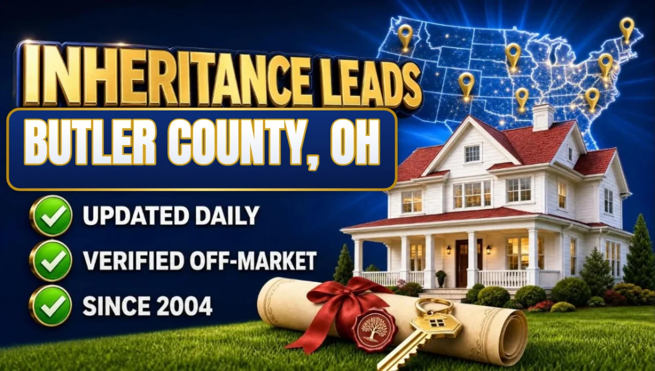 Inheritance and probate leads Butler County, OH 3D hero: house with sealed inheritance scroll and keys with updated daily, verified off-market and since 2004 checks