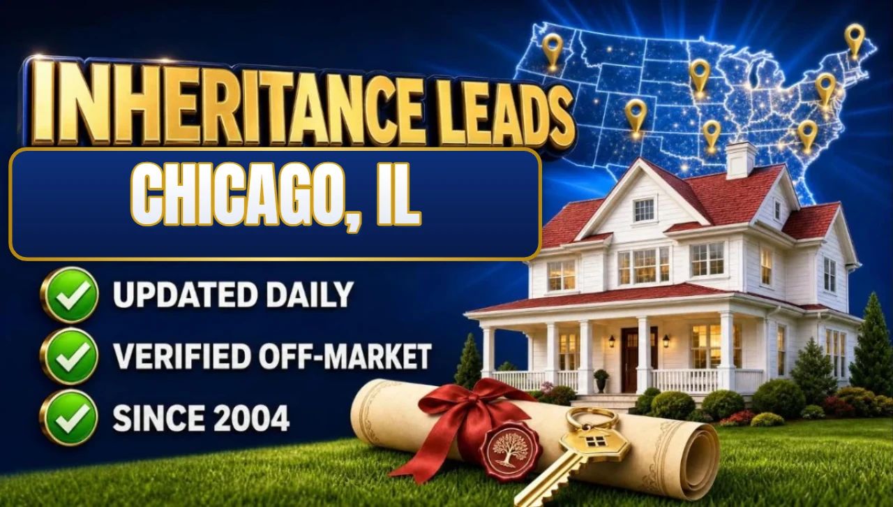 Inheritance and probate leads Chicago, IL 3D hero: house with sealed inheritance scroll and keys with updated daily, verified off-market and since 2004 checks