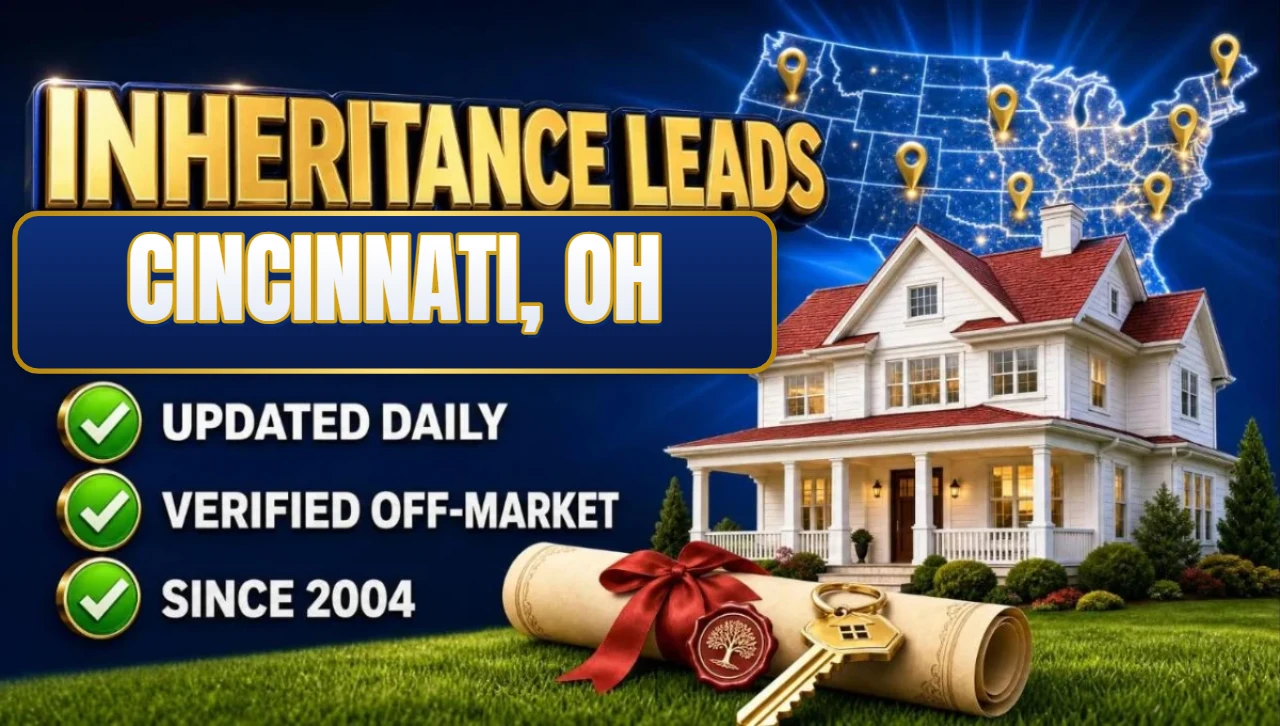 Inheritance and probate leads Cincinnati, OH 3D hero: house with sealed inheritance scroll and keys with updated daily, verified off-market and since 2004 checks