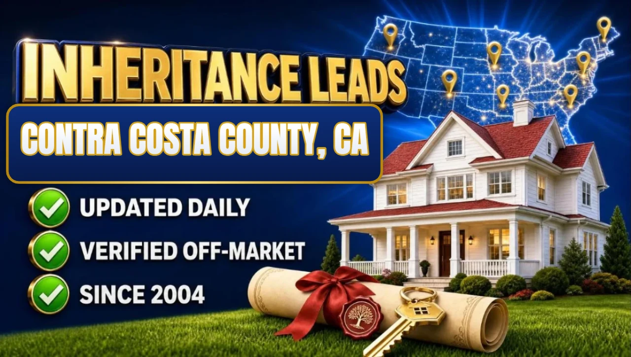 Inheritance and probate leads Contra Costa County, CA 3D hero: house with sealed inheritance scroll and keys with updated daily, verified off-market and since 2004 checks