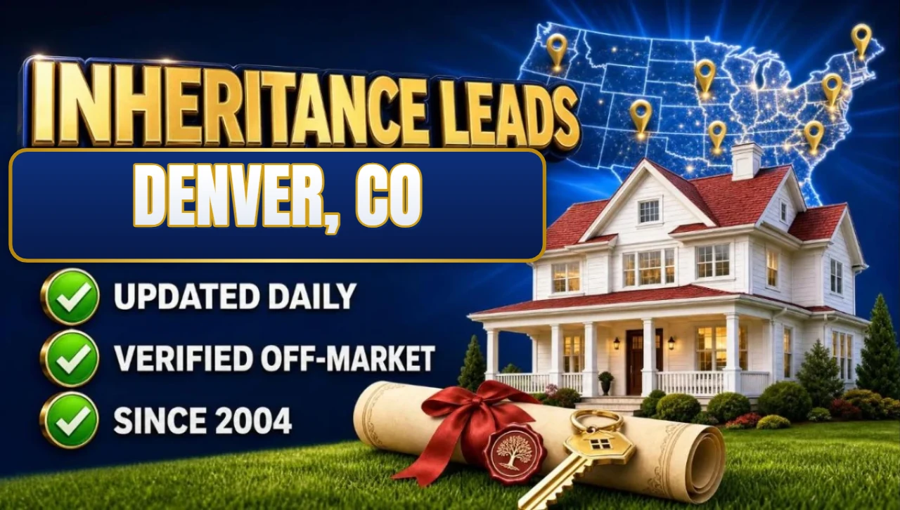 Inheritance and probate leads Denver, CO 3D hero: house with sealed inheritance scroll and keys with updated daily, verified off-market and since 2004 checks