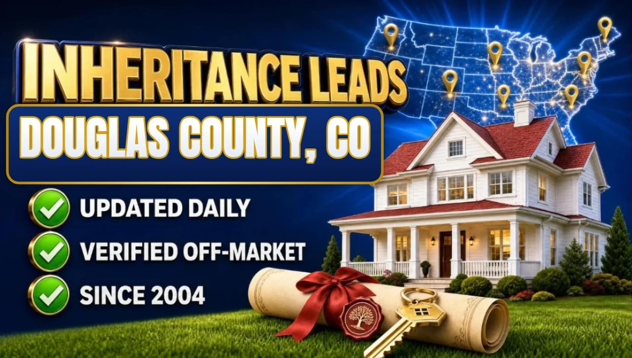 Inheritance and probate leads Douglas County, CO 3D hero: house with sealed inheritance scroll and keys with updated daily, verified off-market and since 2004 checks