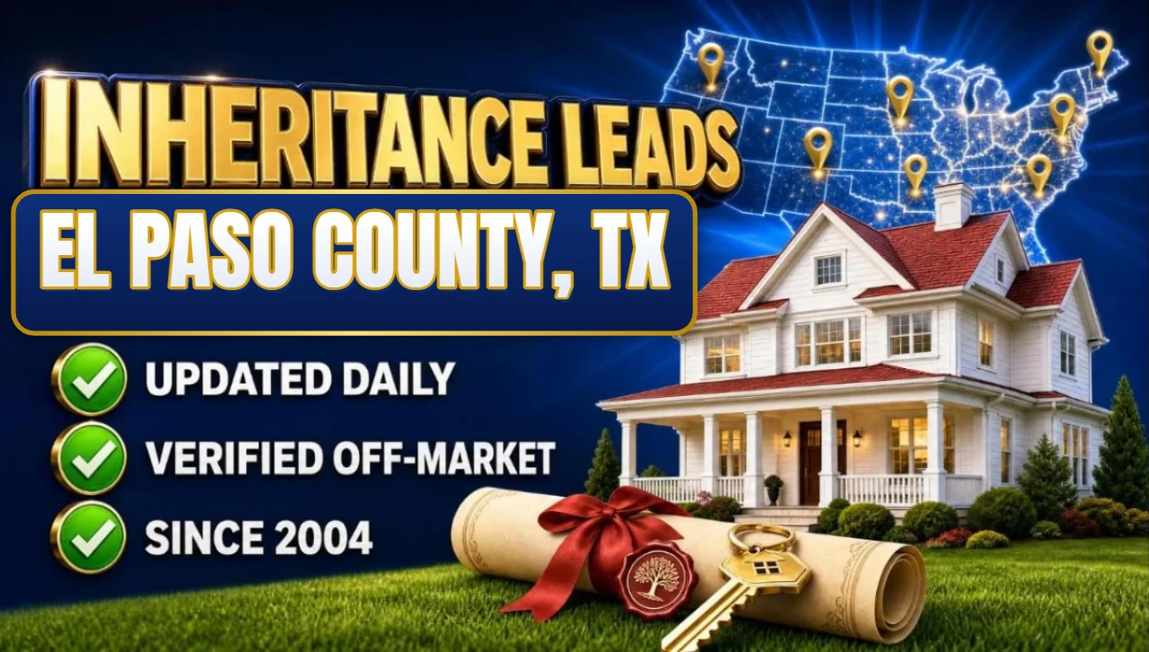 Inheritance and probate leads El Paso County, TX 3D hero: house with sealed inheritance scroll and keys with updated daily, verified off-market and since 2004 checks