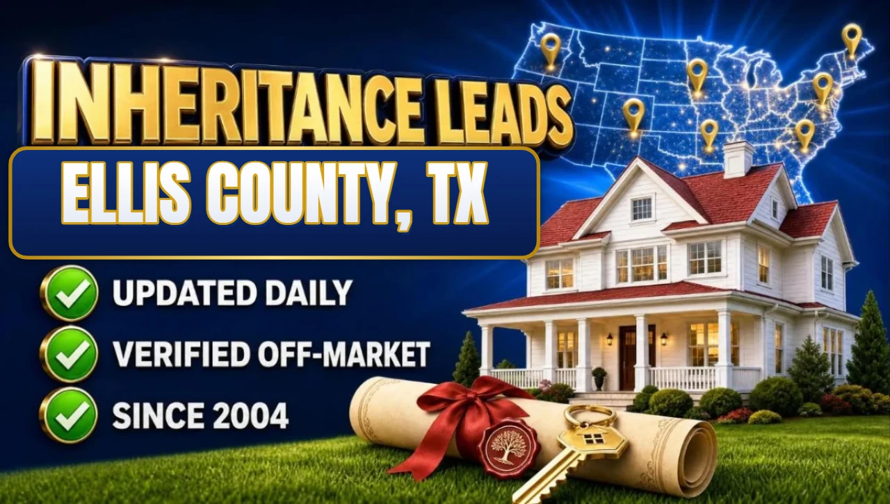 Inheritance and probate leads Ellis County, TX 3D hero: house with sealed inheritance scroll and keys with updated daily, verified off-market and since 2004 checks