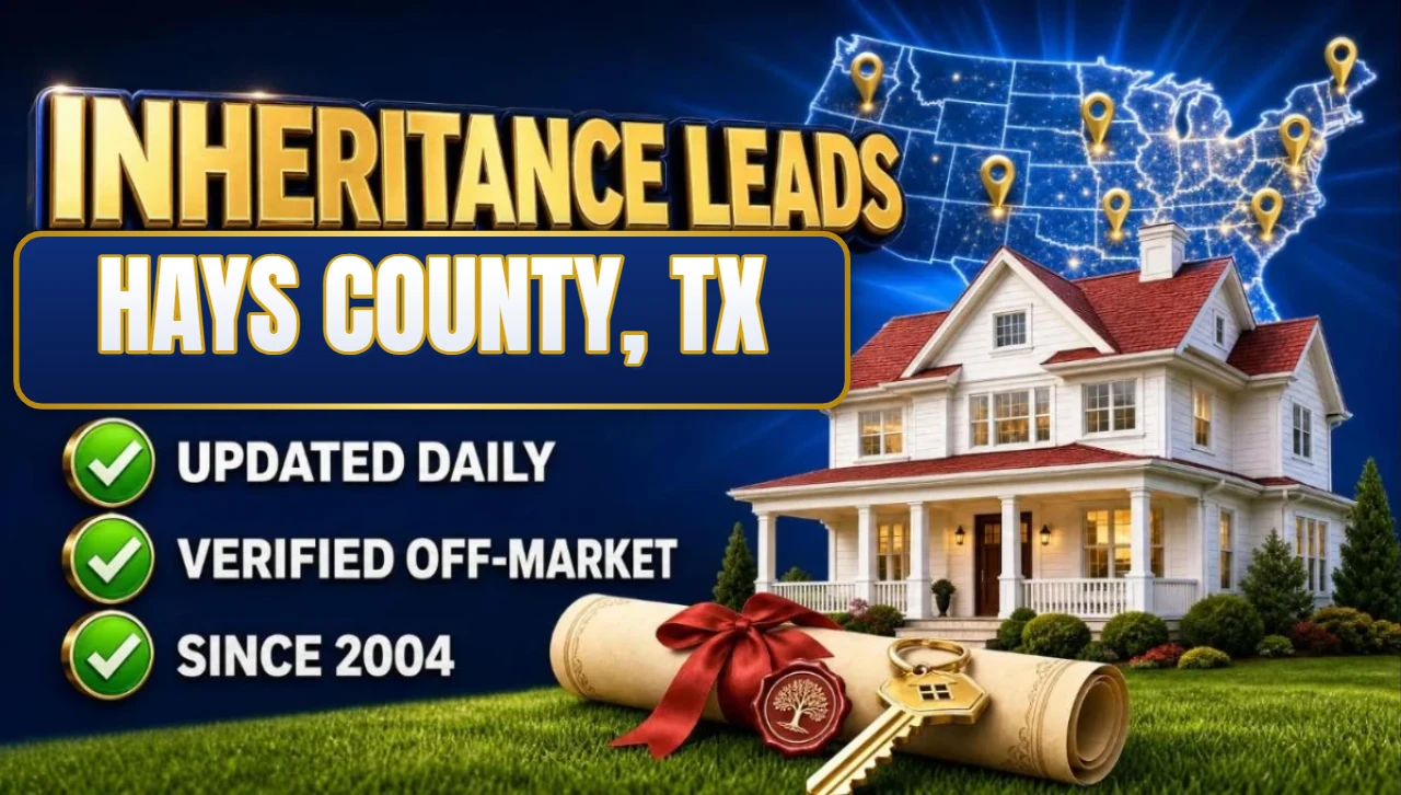 Inheritance and probate leads Hays County, TX 3D hero: house with sealed inheritance scroll and keys with updated daily, verified off-market and since 2004 checks