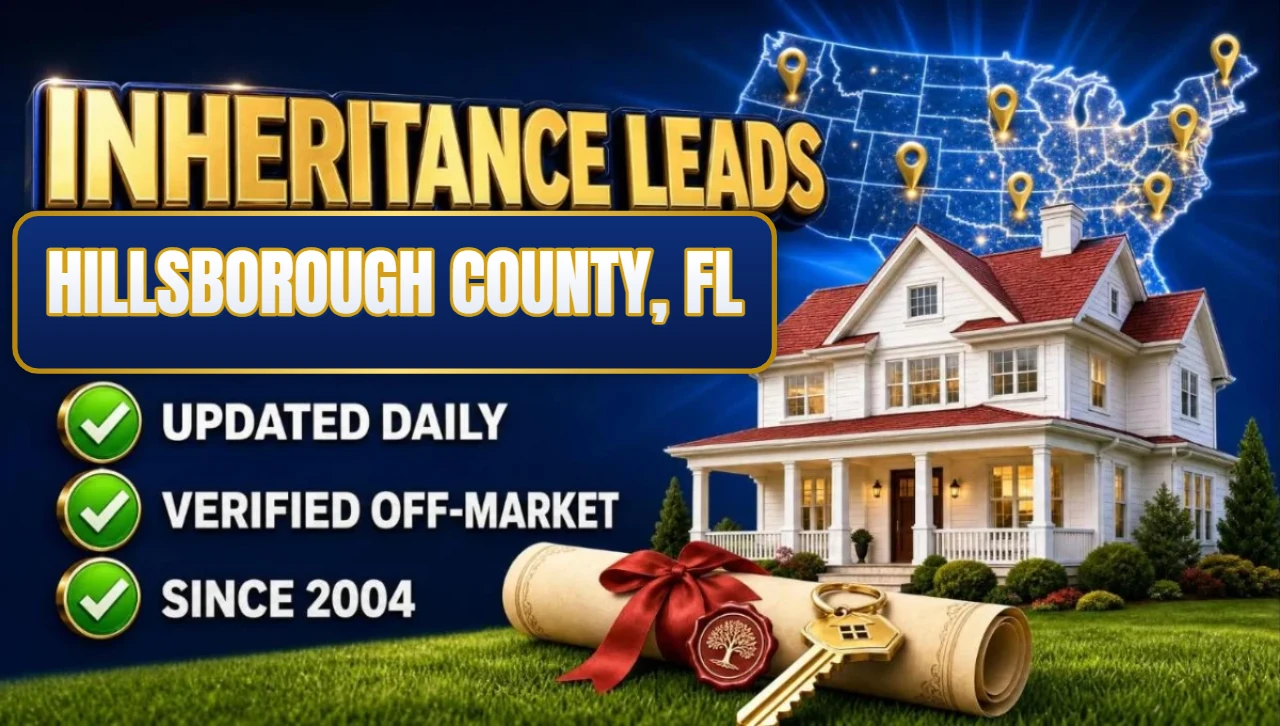 Inheritance and probate leads Hillsborough County, FL 3D hero: house with sealed inheritance scroll and keys with updated daily, verified off-market and since 2004 checks