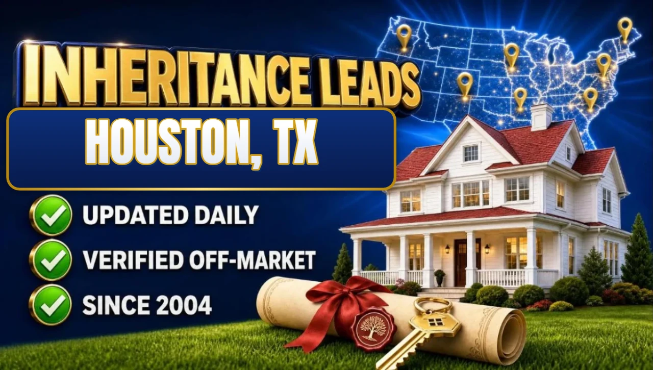 Inheritance and probate leads Houston, TX 3D hero: house with sealed inheritance scroll and keys with updated daily, verified off-market and since 2004 checks