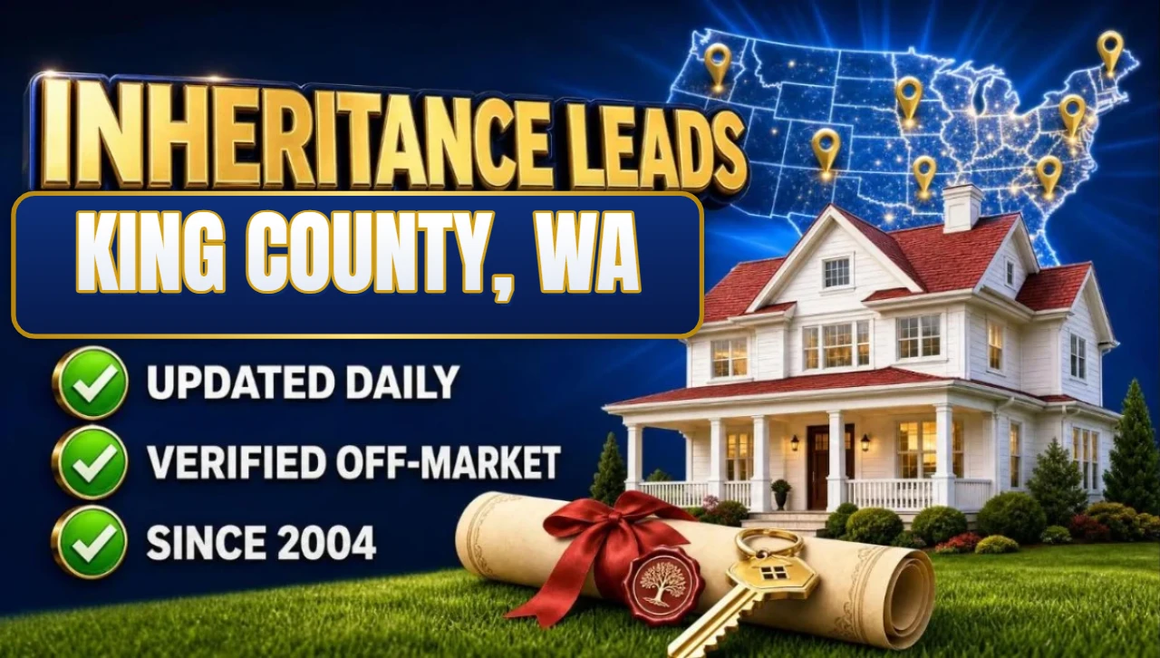 Inheritance and probate leads King County, WA 3D hero: house with sealed inheritance scroll and keys with updated daily, verified off-market and since 2004 checks
