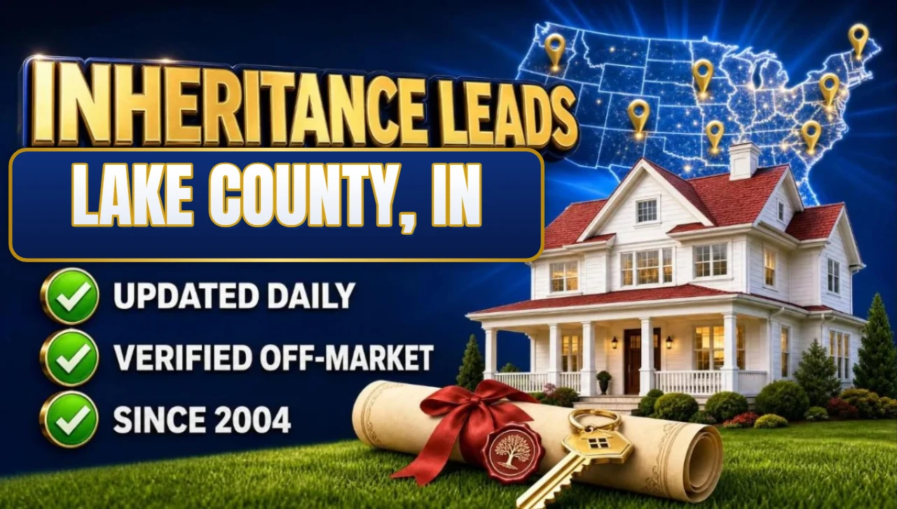 Inheritance and probate leads Lake County, IN 3D hero: house with sealed inheritance scroll and keys with updated daily, verified off-market and since 2004 checks