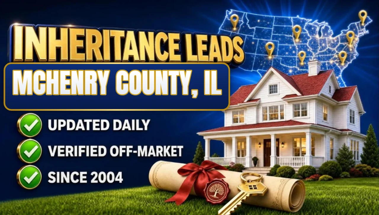 Inheritance and probate leads McHenry County, IL 3D hero: house with sealed inheritance scroll and keys with updated daily, verified off-market and since 2004 checks