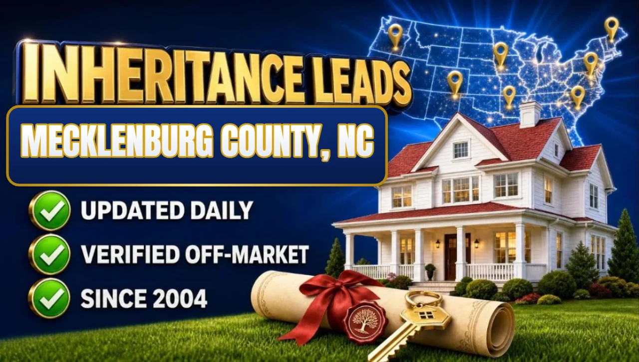 Inheritance and probate leads Mecklenburg County, NC 3D hero: house with sealed inheritance scroll and keys with updated daily, verified off-market and since 2004 checks
