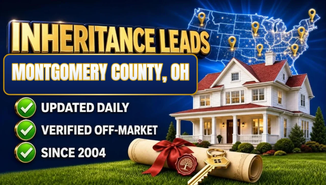 Inheritance and probate leads Montgomery County, OH 3D hero: house with sealed inheritance scroll and keys with updated daily, verified off-market and since 2004 checks
