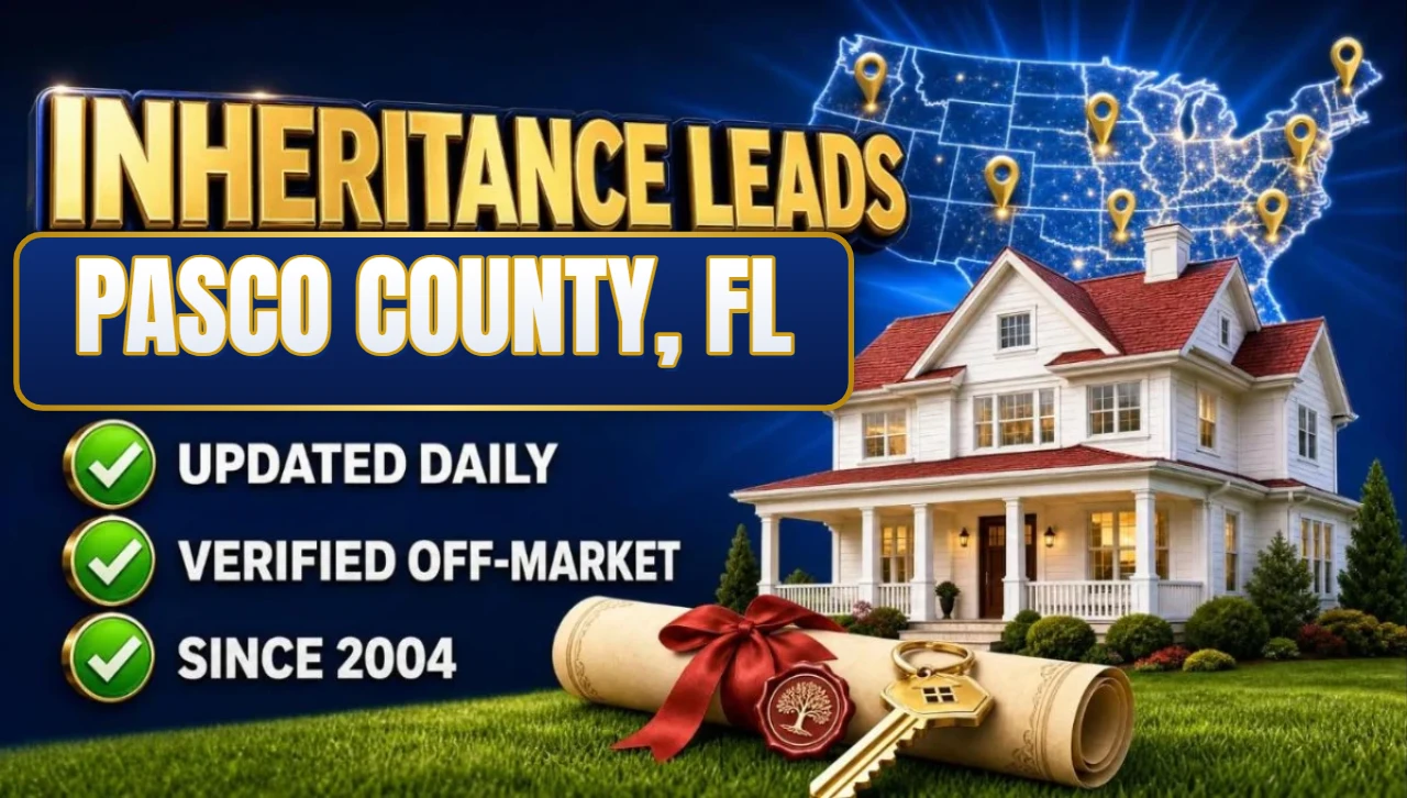 Inheritance and probate leads Pasco County, FL 3D hero: house with sealed inheritance scroll and keys with updated daily, verified off-market and since 2004 checks
