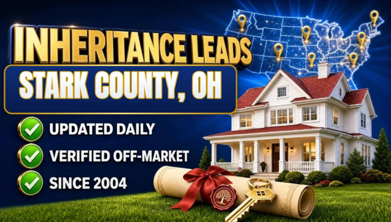 Inheritance and probate leads Stark County, OH 3D hero: house with sealed inheritance scroll and keys with updated daily, verified off-market and since 2004 checks