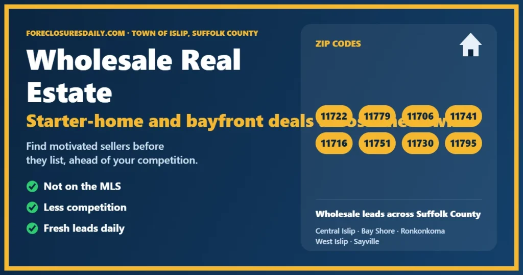 Wholesale real estate Islip NY guide from ForeclosuresDaily.com