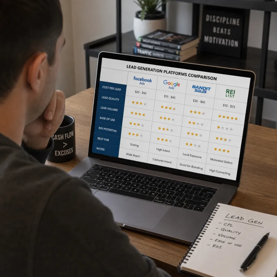 real estate investor comparing lead generation platforms on a laptop
