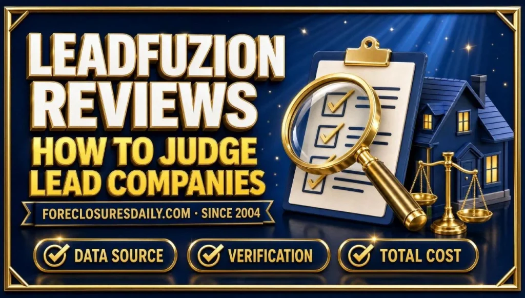 Leadfuzion reviews 3D hero: magnifying glass over a checklist beside a house, with data source, verification and total cost checks