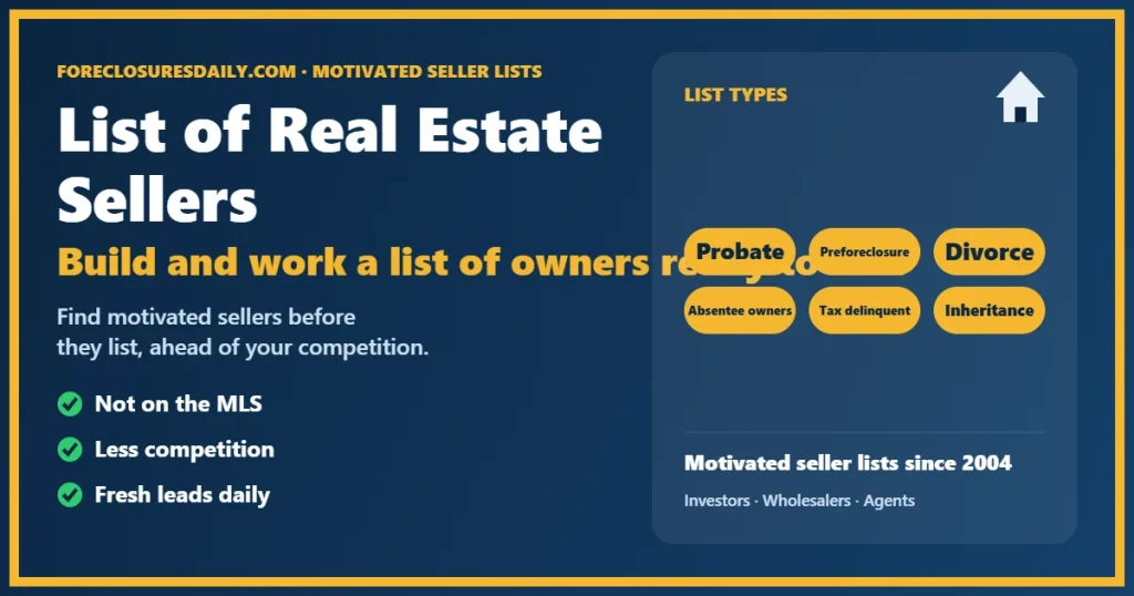 List of real estate sellers and motivated seller leads from ForeclosuresDaily.com