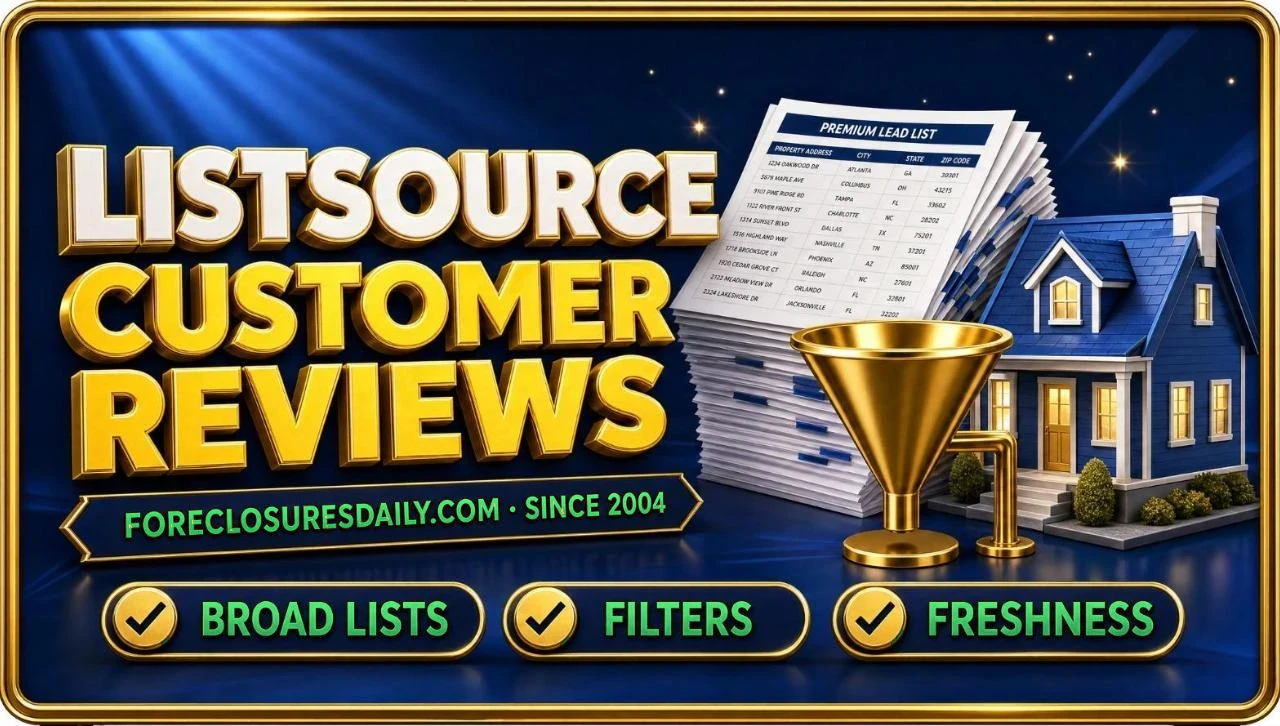 ListSource customer reviews 3D hero: stacked lead lists and filter funnel beside a house with broad lists, filters and freshness checks