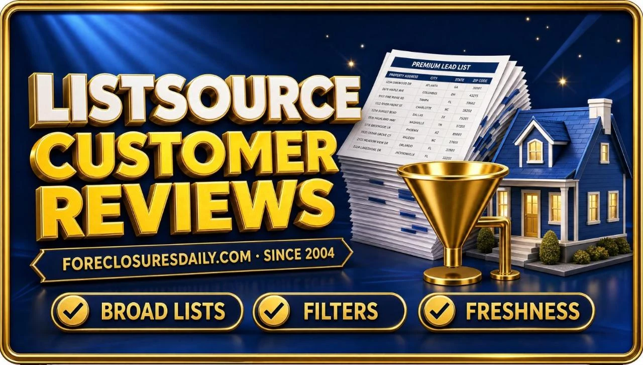 ListSource customer reviews 3D hero: stacked lead lists and filter funnel beside a house with broad lists, filters and freshness checks