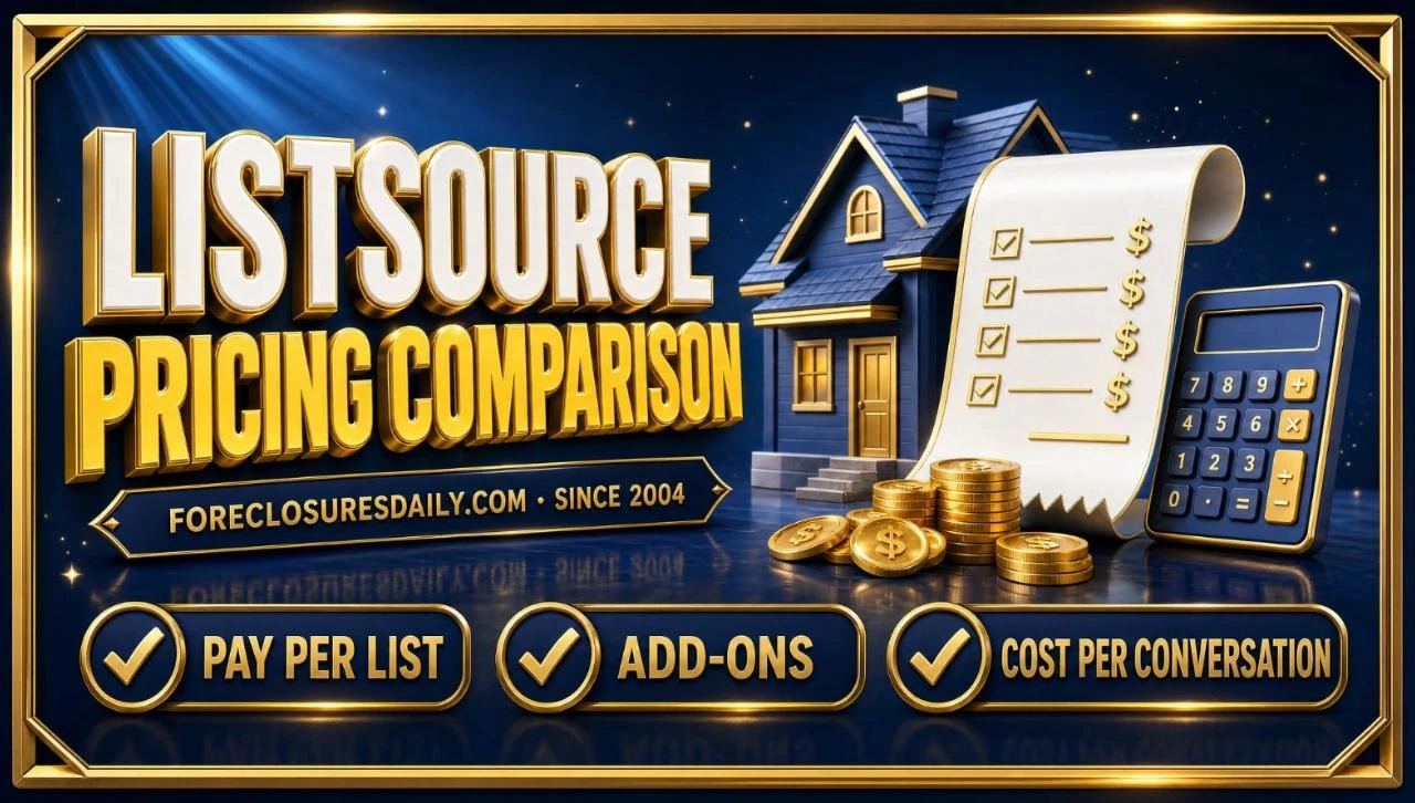 ListSource pricing comparison 3D hero: receipt, coins and calculator beside a house with pay per list, add-ons and cost per conversation checks