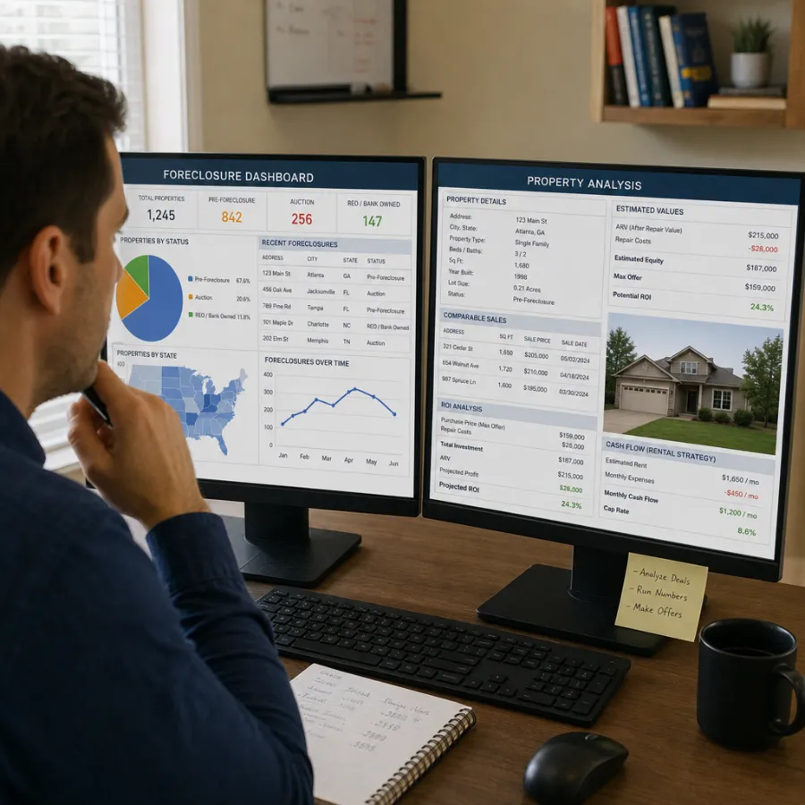 Investor reviewing foreclosure and property analysis dashboards