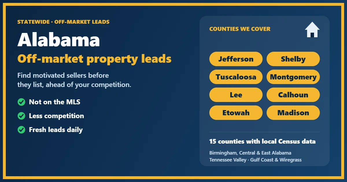 Map-style illustration of off-market properties in Alabama by lead zone
