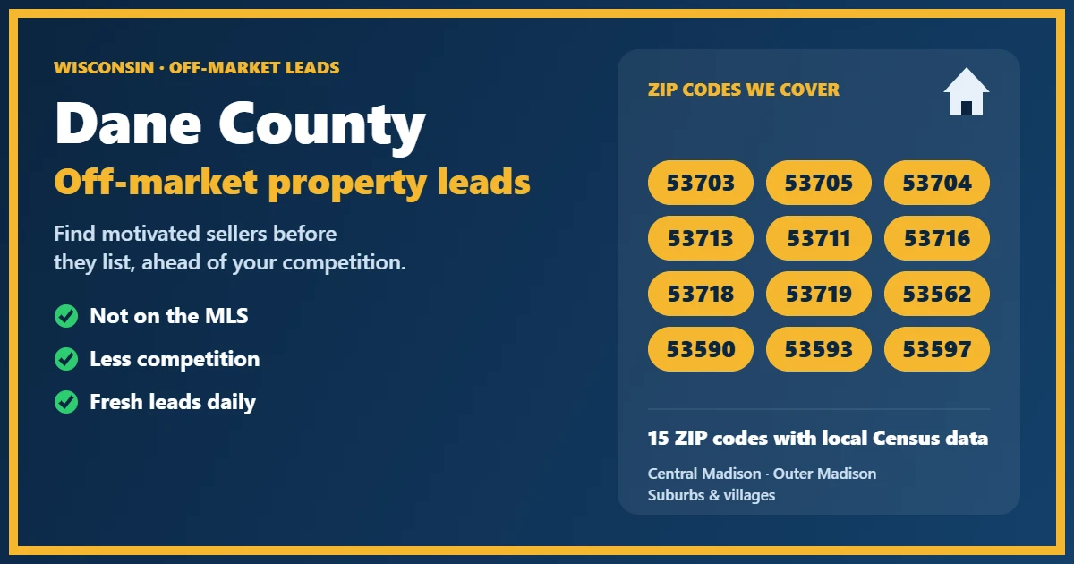 Off-Market Properties Dane County Wisconsin: motivated-seller leads for investors, including probate, foreclosure, divorce and absentee owners