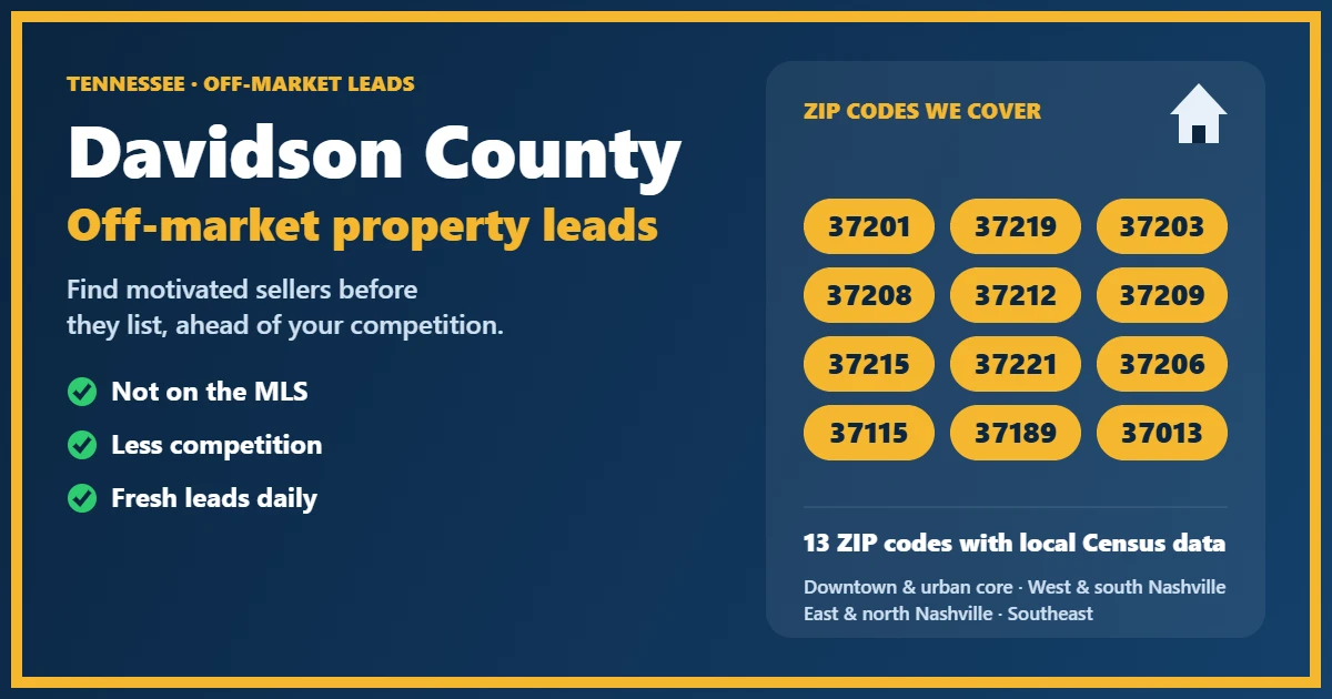 Off-market properties for sale in Davidson County: map-style view of Nashville neighborhoods