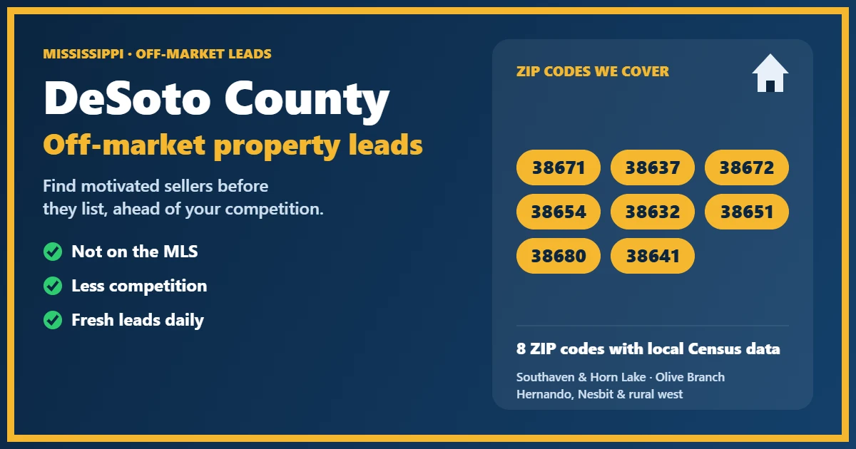 Off-market properties in DeSoto County, Mississippi: map-style view of local neighborhoods