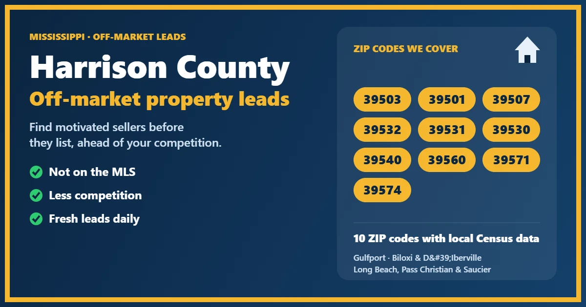 Off-Market Properties Sale Harrison County: motivated-seller leads for investors, including probate, foreclosure, divorce and absentee owners