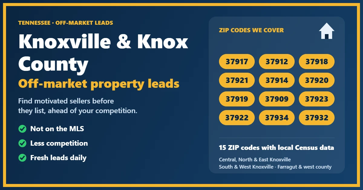Off-Market Properties Sale Knox County Tennessee: motivated-seller leads for investors, including probate, foreclosure, divorce and absentee owners