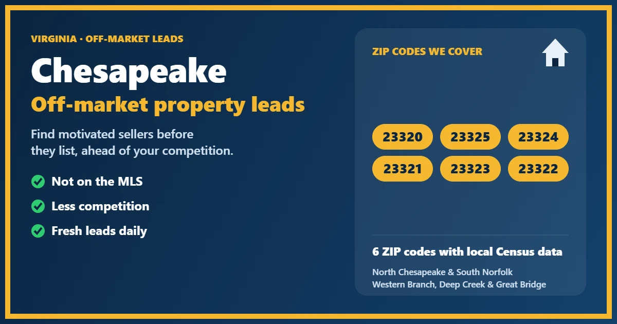 Off-market properties Chesapeake City Virginia: motivated-seller leads for investors, including probate, foreclosure, divorce and absentee owners