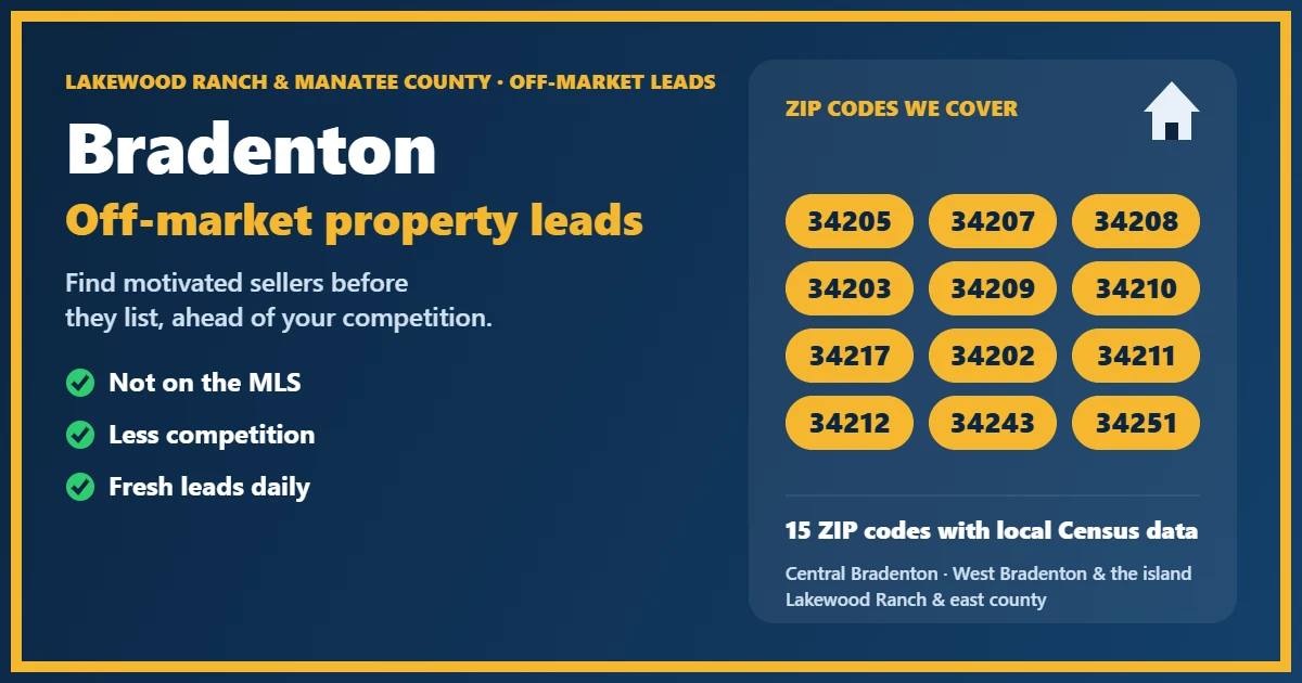 Off-Market properties Manatee County Florida: motivated-seller leads for investors, including probate, foreclosure, divorce and absentee owners