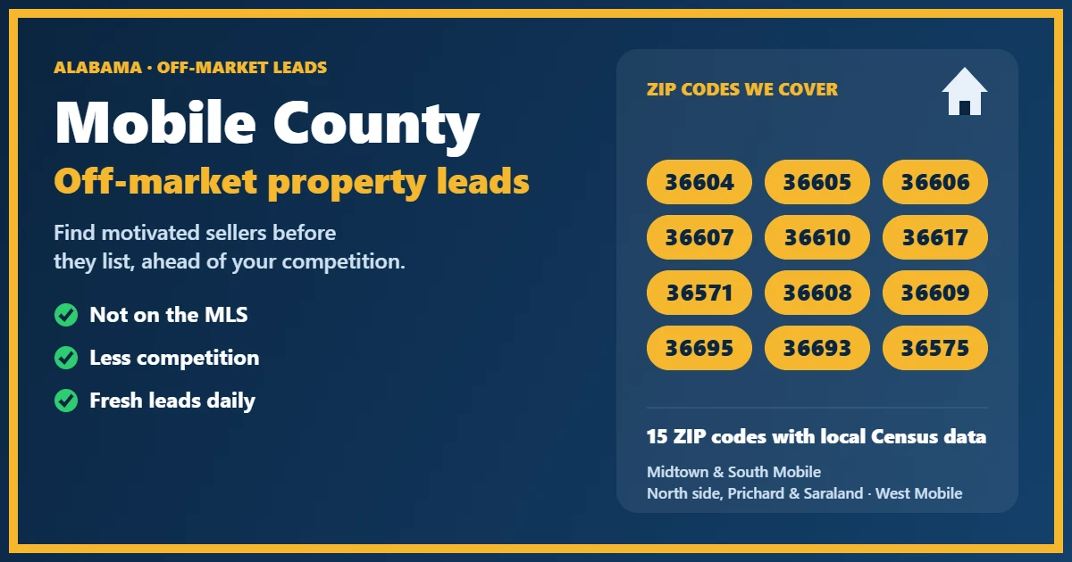 Map-style view of off-market properties in Mobile County, Alabama by ZIP code