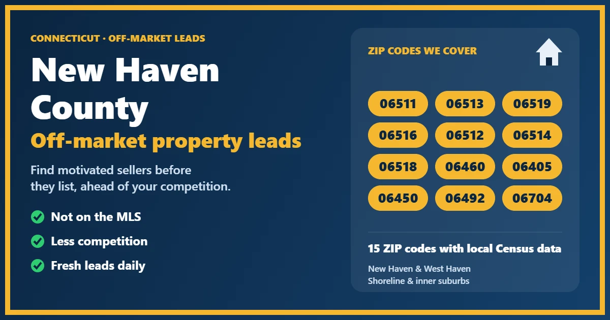 Map-style overview of off-market properties in New Haven County, Connecticut