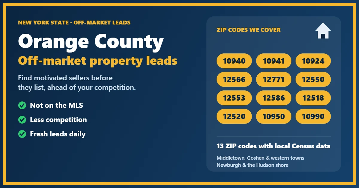 Off-market properties Orange County New York State: motivated-seller leads for investors, including probate, foreclosure, divorce and absentee owners