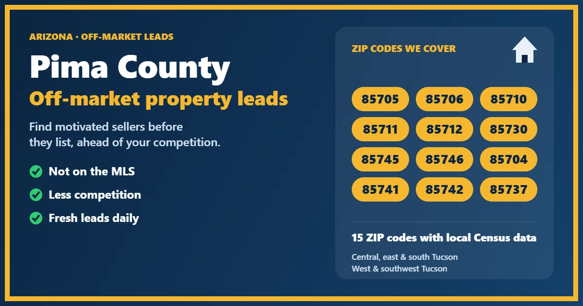 Off-market properties Pima County Arizona: motivated-seller leads for investors, including probate, foreclosure, divorce and absentee owners