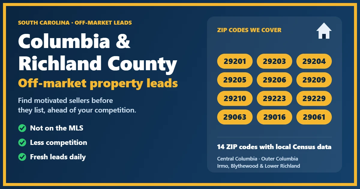 Off-market properties Richland County South Carolina: motivated-seller leads for investors, including probate, foreclosure, divorce and absentee owners