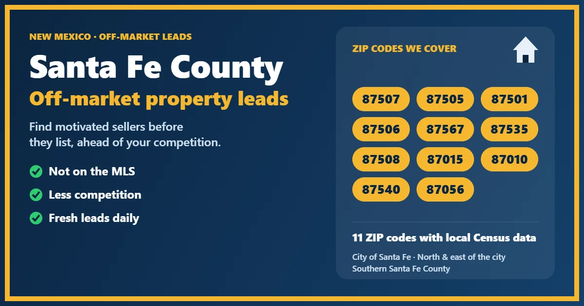 Off-market properties Santa Fe County New Mexico: motivated-seller leads for investors, including probate, foreclosure, divorce and absentee owners