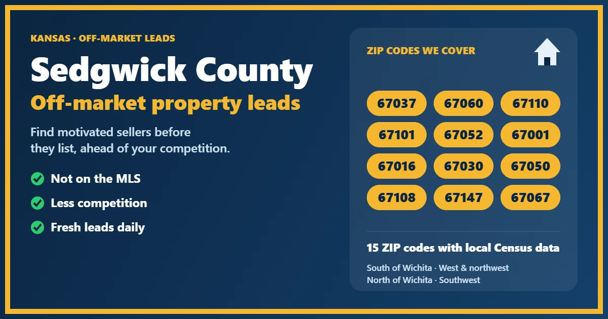 Map-style view of off-market properties Sedgwick County Kansas communities and ZIP codes