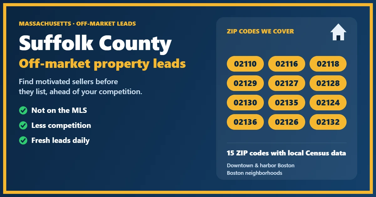 Residential street with off-market properties in Suffolk County, Massachusetts
