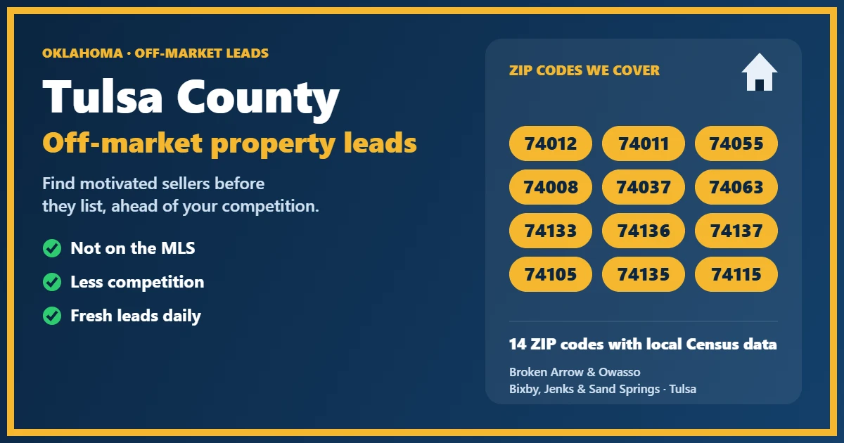 Off-Market Property Tulsa County: motivated-seller leads for investors, including probate, foreclosure, divorce and absentee owners