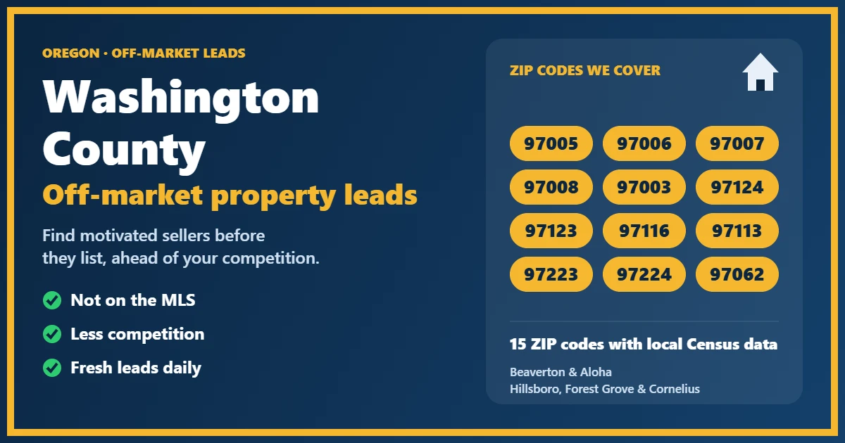 Off-Market Property Washington County OR: motivated-seller leads for investors, including probate, foreclosure, divorce and absentee owners