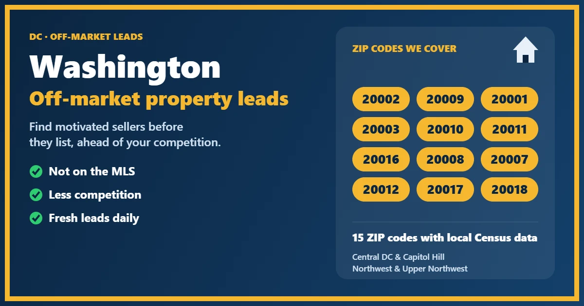 Off-Market Property Washington DC: motivated-seller leads for investors, including probate, foreclosure, divorce and absentee owners