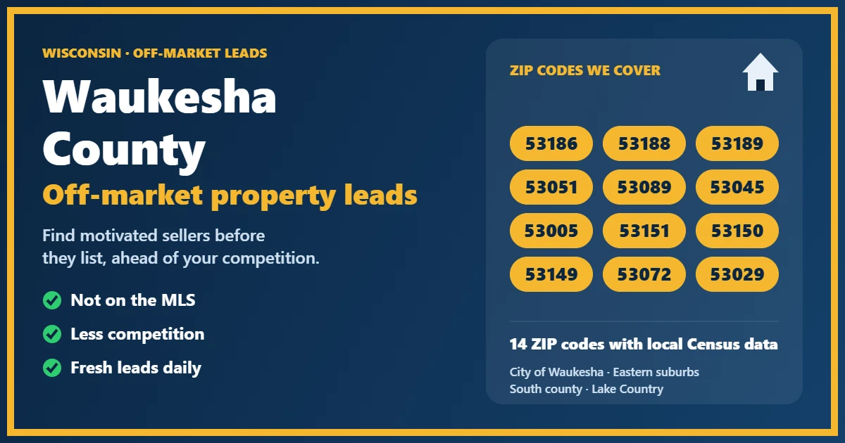 Off-Market Property Waukesha County WI: motivated-seller leads for investors, including probate, foreclosure, divorce and absentee owners