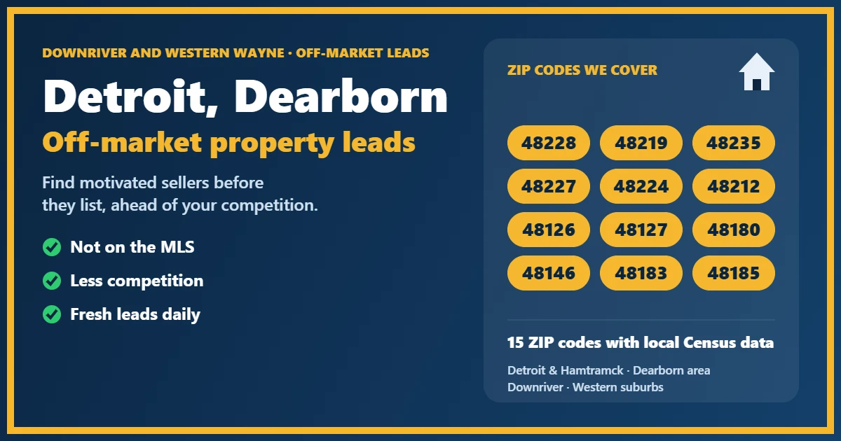 Off-Market Property Wayne County MI: motivated-seller leads for investors, including probate, foreclosure, divorce and absentee owners